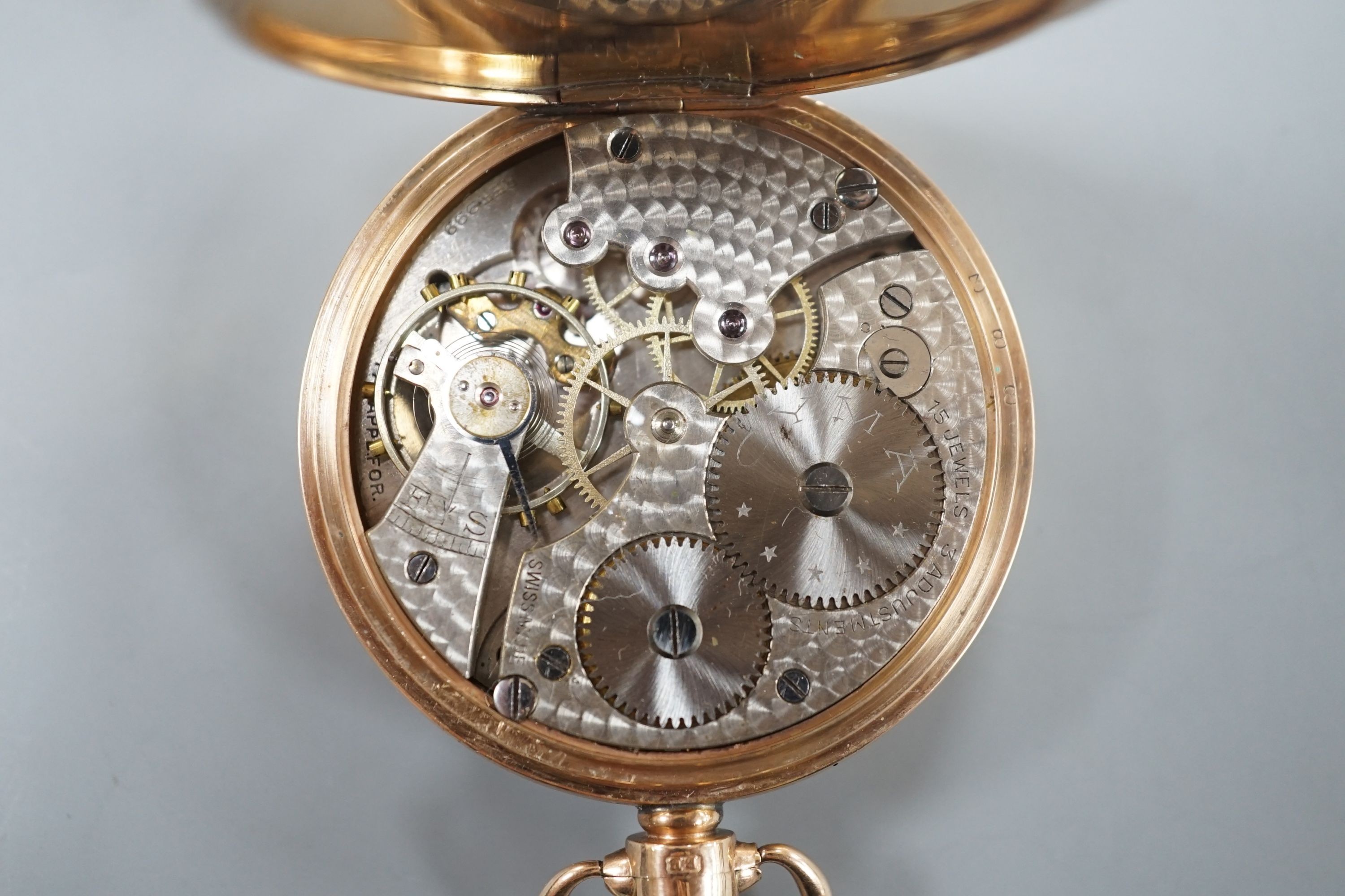 A George V 9ct gold Cyma open face keyless pocket watch, with Roman dial and subsidiary seconds, case diameter 48mm, gross weight 74.2 grams.